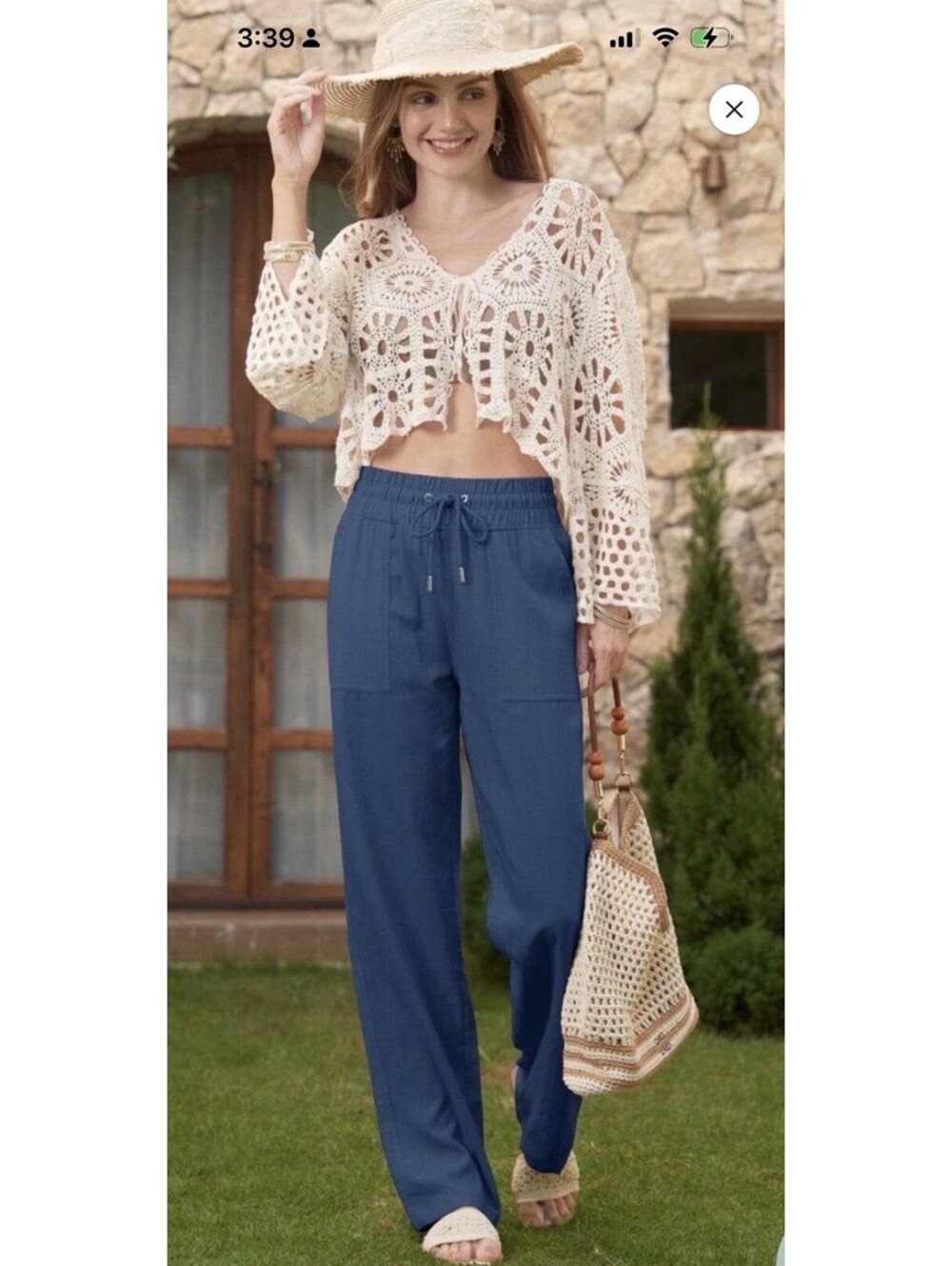 WILLIT Linen Blend Wide Leg Pants Womens M Blue Drawstring